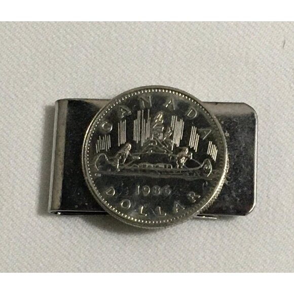 Canadian Nickel Dollar Money Clip 1986 Canoe Silver Tone Stainless Steel Clip - Picture 1 of 2